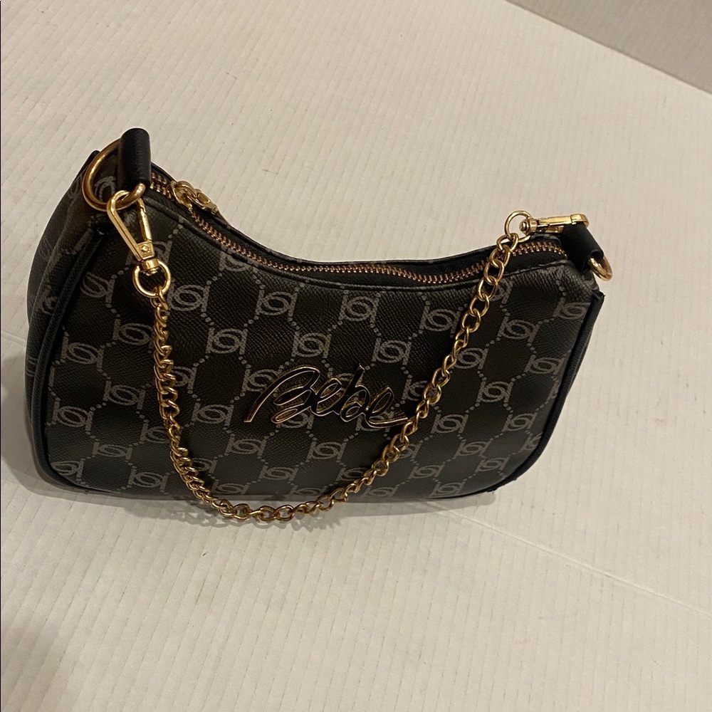 Bebe Small Compact Monogram Brown & Gold Shoulder Bag with removable chain - Picture 7 of 16